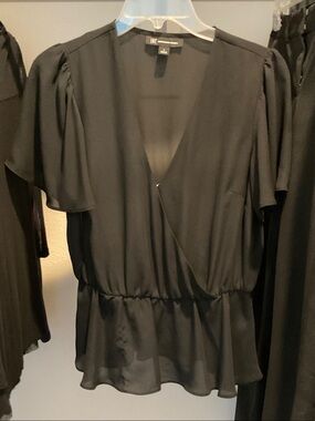 INC International Concepts Black Wrap Peplum Flutter Sleeve Top